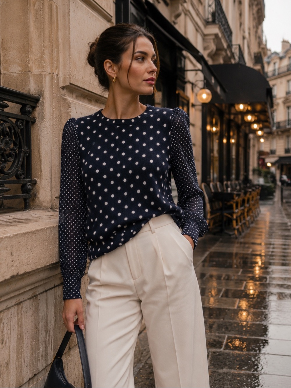 Rebecca Taylor Navy Polka Dot Wool Sweater‎ Silk Puff Sleeve Top Large